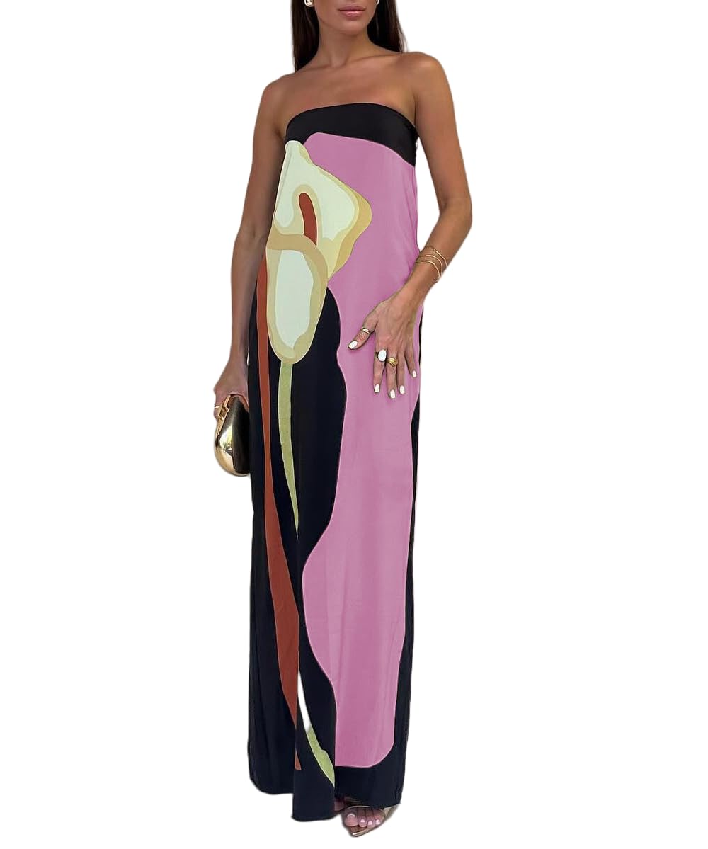 Thicc Women's Pink Boho Tube Top Maxi Dress - Sexy Summer Backless Strapless Sleeveless Off Shoulder Floral Printed Bodycon Slim Dresses Y2k Streetwear Robes For Party Cocktail (L,)