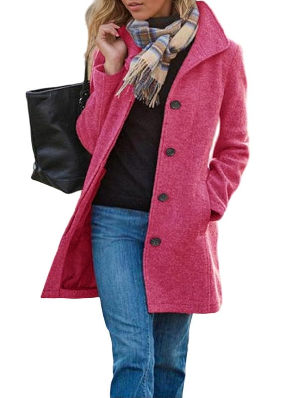 Women's Casual Thicken Single Breasted Pea Coat Stand Collar Mid Long Coats Blazer Jacket with Pockets