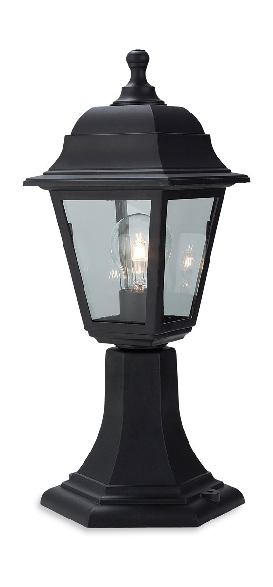 Oslo 1 Light Pedestal Lantern Pillar - Black Resin - IP44 - E27 Bulb Fitting
