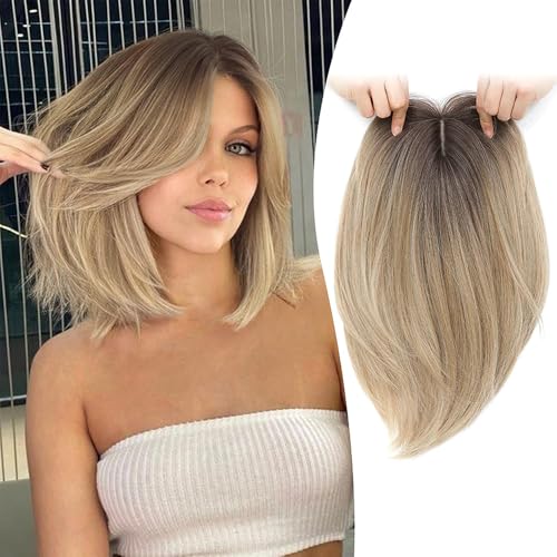 MORICHY Hair Toppers for Thinning Hair, 6.5x6.5inch Hair Topper with Large Base for Cover Gray or Hair Loss Synthetic Hair Extensions Clip in Fringe Daily Use(Ombre Blonde With Dark Root)