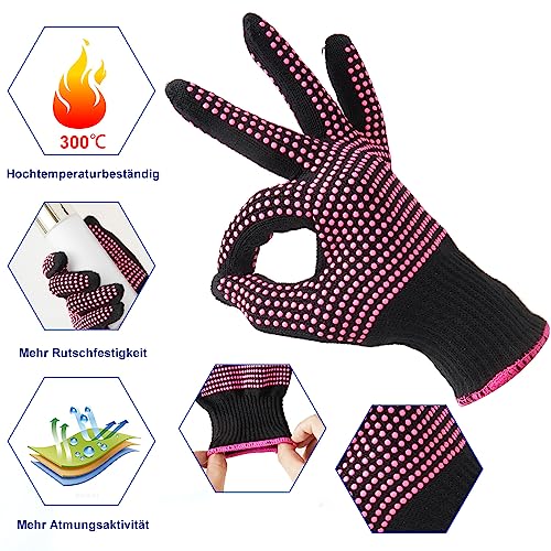 Foto von EOGRFW Hitzebeständige Handschuhe für Haarstyling,2 Stück Hitzeschutz Handschuh,Hitzehandschuh für Lockenstab,Hitzeschutzhandschuhe mit Silikonnoppen für Den Heimsalon Haare Friseur (Rose Rot)