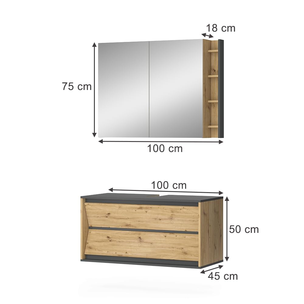 Vicco Conjunto de Muebles de baño Edelin, Antracita/Artisan, 100 cm | compuesto por espejo de baño y mueble bajo lavabo