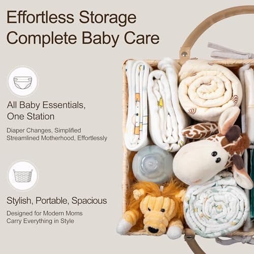 Image of HBlife Diaper Caddy Organizer, Washable Waterproof, Portable Plastic Wicker Woven Basket with Divider, Nursery Diaper Station, Baby Shower Gifts Basket & Car Organizer