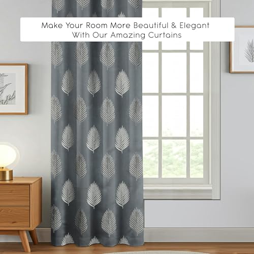 Image of FRESH FROM LOOM Premium Anti-Wrinkle Curtains | 5 Feet | 80% Sun Block | Elegant Jacquard Fabric for Doors & Windows, Luxury Curtain (5ft, Grey Leaf, 2pc Set)
