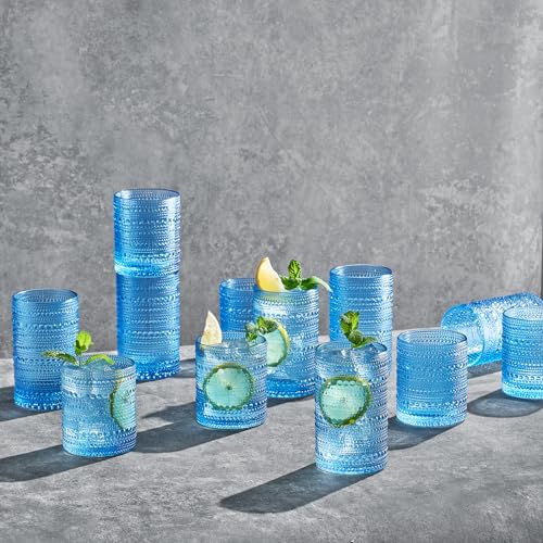 Image of Hobnail Beaded Highball Drinking Tumbler Glasses | Set of 12 | Color, Vintage Bubble Design Whiskey Glassware, Old-Fashioned, Embossed Design for Water, Wine, Cocktail Embossed Heavy Glas, Rocks Glass