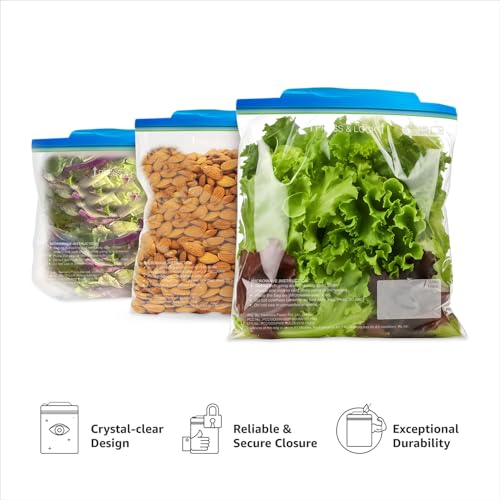 Image of Amazon Basics - Multipurpose Zip Lock Storage Bags | 15 Bags | Assorted Sizes, 5 Each - S, M, L | Material Plastic | Reusable and Reclosable with Double Zipper