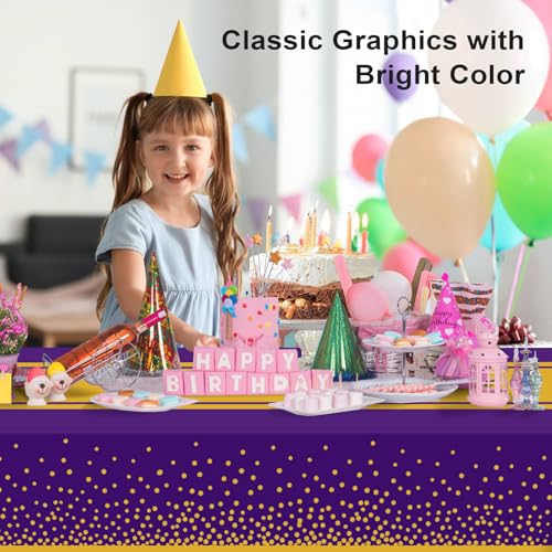 Image of 12 Pack Purple and Gold Tablecloth Party Decorations Plastic Purple Tablecloth Printed Gold Table Runner 54 x108 Inch Disposable Rectangle Table Cover for Birthday Wedding Graduation