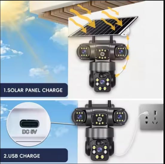 Image of DDLC 3 Lens Solar Powered Outdoor Security Camera | WiFi PTZ Camera for Home | Pan Tilt Zoom | Night Vision | Motion Detection | Mobile App