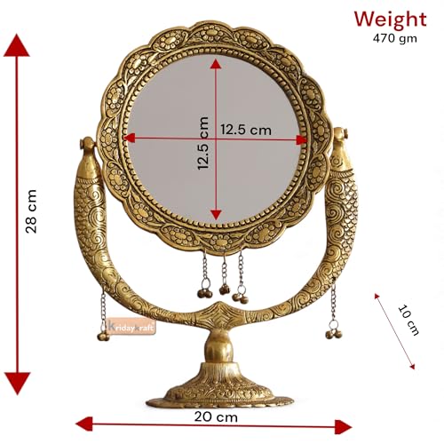 Image of KridayKraft Gold Plated Beautifully Carved Table Mirror for Makeup Metal Salon Mirror Antique Decorative Table Mirror for Decoration & Gifting Purpose, Round, Tabletop