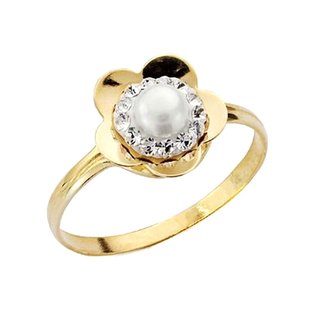 Sortija oro 9k niña forma flor perla circonitas