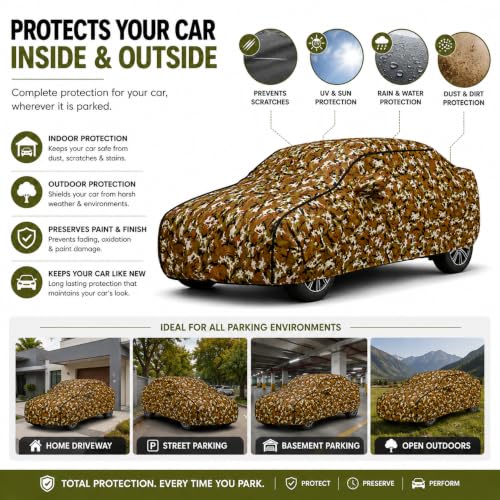 Image of Kerwa Waterproof All-Weather Resistant Car Cover Compatible with Tata Altroz UV Protection Scratch Proof Soft Cotton Inner Layer Triple Stitched Elastic Bottom with Mirror Pockets (Army)