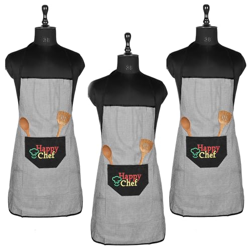 Image of Kuber Industries (Pack of 3) Kitchen Apron | Cooking Apron for Men | Waterproof Apron | Apron for Restaurant | Kitchen Dress for Women | Apron for Chef | Front Pocket | Barik Check | Black