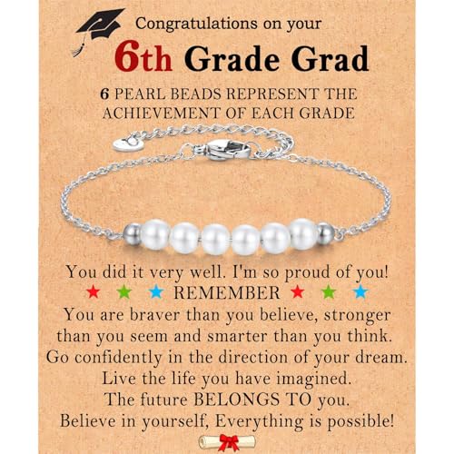 FIEEFX 6th Grade Graduation Gifts for Girls Sixth Graduation Card Decorations 6 Pearl Beads Bracelet Jewelry Gifts for Girl Daughter Granddaughter Niece Sister Class of 2026