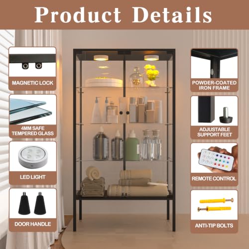 Image of Beauty4U Iron Frame Glass Display Cabinet with LED, 4-Shelf Curio Cabinet