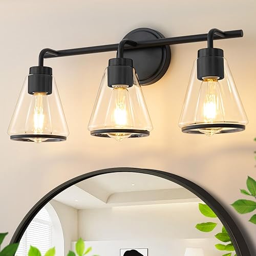 Lámpara negra para tocador de baño, 3 luces, lámparas de baño sobre espejo, accesorios de iluminación con pantalla de vidrio transparente de 22