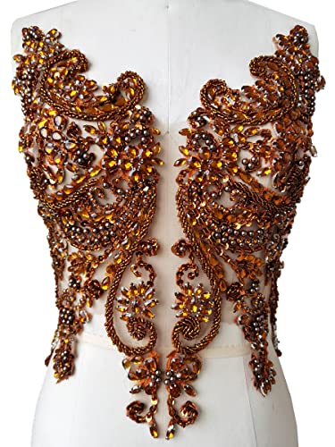 Handmade Rhinestones Lace Bodice Applique Sew On Beads Sequins Trimming Patches For Dress Clothing Accessories (Coffee) #TOP9