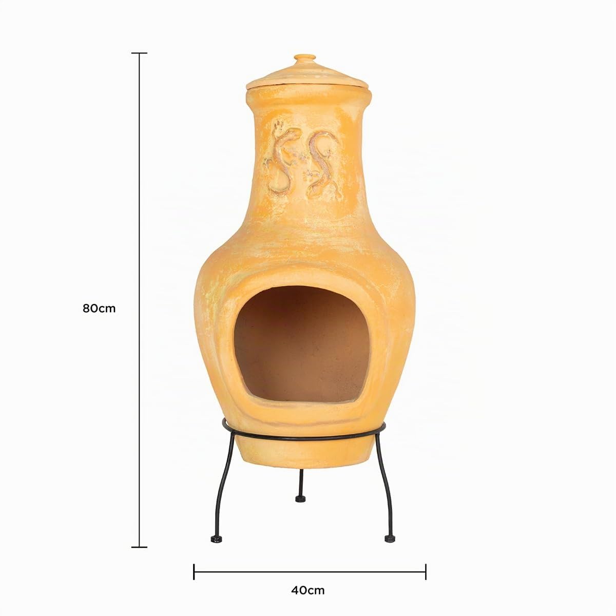 CHARLES BENTLEY Cheminée Mexicaine en Argile Terracotta, Grande Taille, Design lézard, Chauffe-terrasse avec Support Acier, Usage extérieur, résiste aux intempéries (80x40cm)