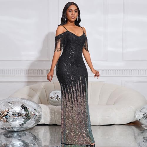 Cololura Women Sexy Sequin Tassel Off Shoulder Halter Bodycon Maxi Dress Party Evening Gown Formal Dress4