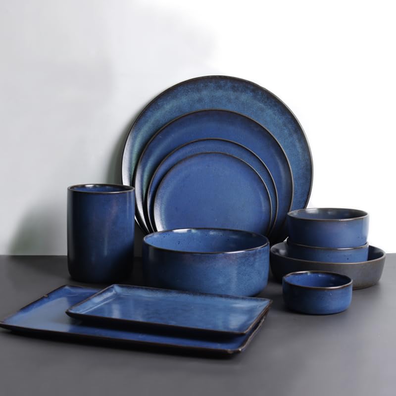 Talerze Niebieska Ceramiczna Zastawa Stołowa Styl Nordycki Talerz Do Steków W Stylu Zachodnim Talerz Do Sushi Miska Na Ryż Miska Na Zupę Miska Na Sałatkę Miska Na Makaro,A-7PCS