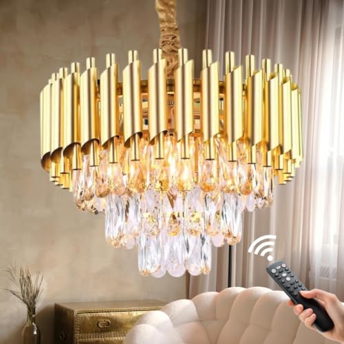 Image of TRIXY Rotating Crystals Chandelier Ceiling Light for Home & Decor | Color Changing LED | 360 Rotatable Crystals | Bluetooth Speaker | Remote Controlled | 2-Tier K9 Crystals, 300MM Gold Chandelier