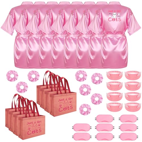 ZhouBoat Cats Lover Girls Spa Party Supplies 8 Set Kids Pink Satin Robes Plush Headbands Tote Bags Eye Masks Hair Scrunchies Dress Up Birthday Party Favors Loves Cat Themed Celebration Decor
