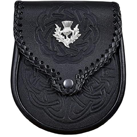 Double Embossed Scottish Black Leather Kilt Sporran w/Belt Cover