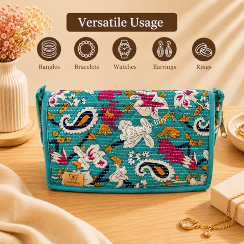 Image of Trendifly Embroidery Sling Jewellery Organiser Storage Bag Pouch for women & girls | Bank Locker jewelry Organizer | Earring Necklace Bangles Organiser for Travel & Gifting (Aqua Green)