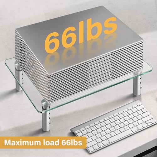 Image of WKWKER Clear Glass Desk Stand 2 Pack Computer Monitor Riser with Height Adjustable Multi Media Monitor Stand Desktop Flat for Laptop TV Computer