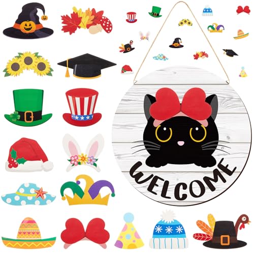 BrightRow 16 Pcs Black Cat Seasonal Interchangeable Welcome Sign for Front Door Cats Welcome People...