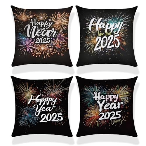 HHQGOUYG Fundas de Cojines 65x65cmCojín de Suave Pillow Cojines, Juego de 4 Fundas de Cojín CuadradasFeliz año Nuevo para Sofá Silla Dormitorio Decoración Moderna Exterior Hogar Oficina Sofá G-517