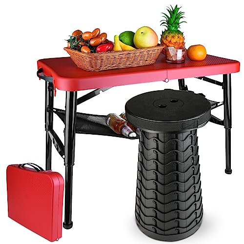 Image of Portable Folding Table and Stool Set, Lightweight Foldable Table & Collapsible Stool for Camping Picnic Beach Fishing, Sturdy Small Outdoor Set with Mesh Layer Storage
