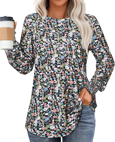 Womens Long Sleeve Tunic Tops Fall Fashion Loose Fit Dressy Tops Pleated Front Crewneck Shirts Business Casual Cute Tee