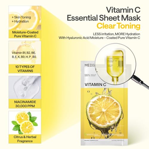Image of MEDIHEAL Vitamin C Essential Mask (10 Sheets) Brightening Korean Sheet Mask for Dark Spots, Uneven Skin Tone, Glow Boost, Hydrating Radiance Boosting K-Beauty Facial Mask for Smooth Skin