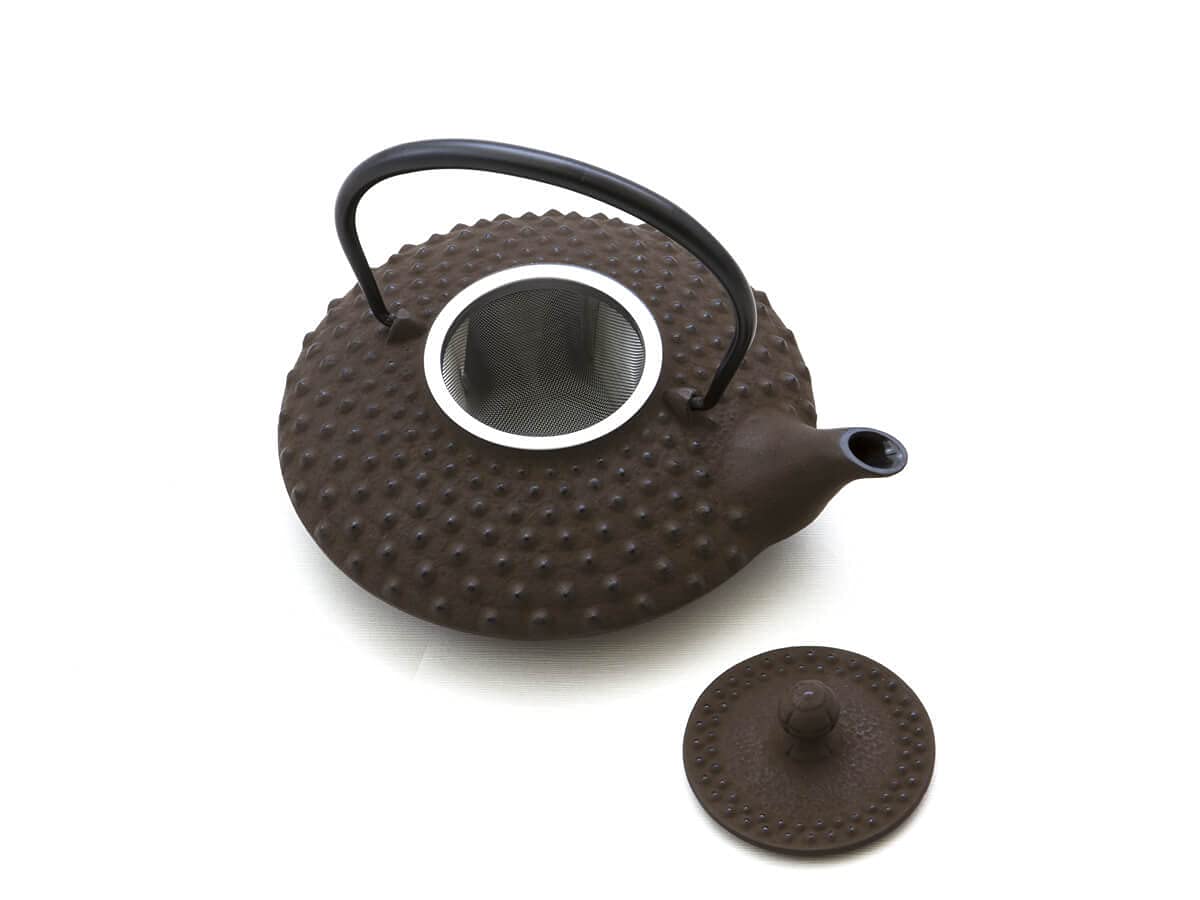 Iwachu Teekanne Gusseisen. Japanische Kyusu Hira Arare, Original, Braun 500ml, 0,5 Liter Sieb-Einsatz Edelstahl. Innen Emailliert