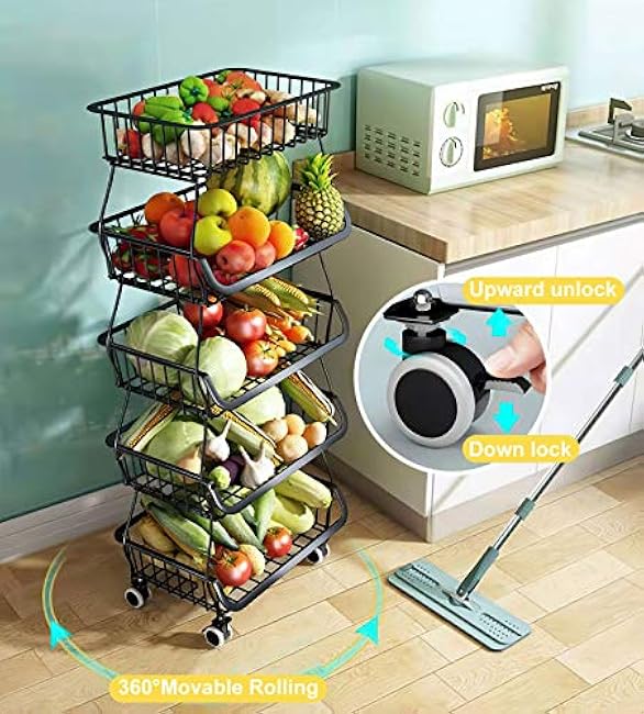 5 Tier Fruit Basket for Kitchen Storage with Wooden Table Top, Stackable Metal Wire Organizer Baskets Fruit Vegetable Storage Bin Rack for Kitchen, Pantry, Bathroom, Garage (5 Tier Baskets)-tYAwH8II