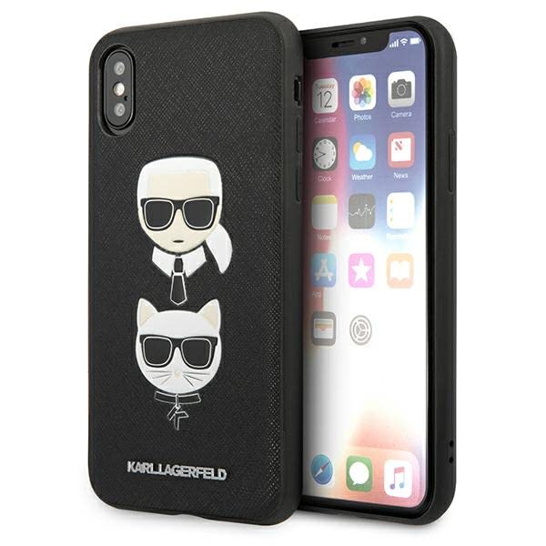 Karl Lagerfeld KLHCI65SAKICKCBK Coque rigide pour iPhone XS Max Noir Saffiano Karl & Choupette Head