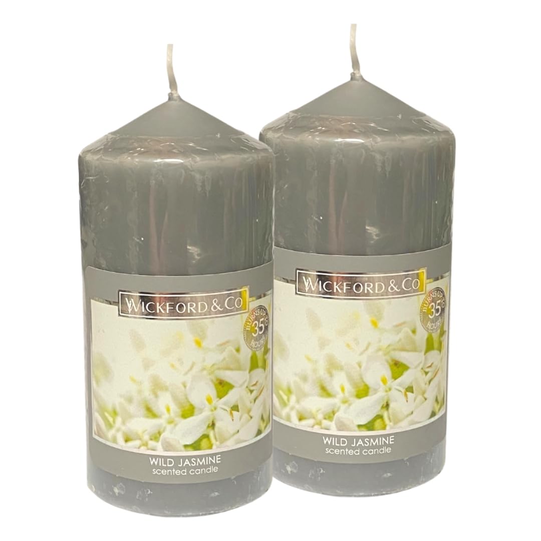 Scented Pillar Candle Bundle: Wickford & Co Long Burning Candles - 35-Hour Burn Time - Includes ShopZee Candle Safety Tips Guide (Wild Jasmine 2-Pack, Grey)