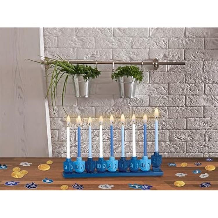 Rite Lite Blue Dreidels Menorah Modern Hanukkah Centerpiece Jewish Holiday Party Favor Decor | Resin Fits Most Chanukah Candles, Elegant Judaica Decor Festival of Lights Hostess Gifts 11.50 H