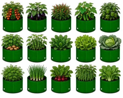 Image of Grow Bags for Terrace Gardening, Premium HDPE Green-Orange Large Planters for Fruit Trees, Vegetables, Flowers & Home Garden Pack of 15(10x10)