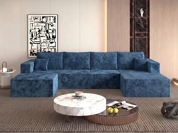Image of 118 inch Modular Sectional Sofa with Chaise and Ottoman, Oversized U-Shaped Corduroy Cloud Couch, Deep Seat Boneless Couch for Living Room, No-Assembly - Blue (Right Facing Chaise)