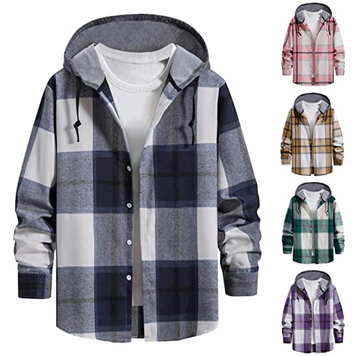 Mens Plaid Hooded Shirts Jacket Casual Lightweight Long Sleeve Fleece Spring Fall Warm Hiking Camping Shirt Coat4