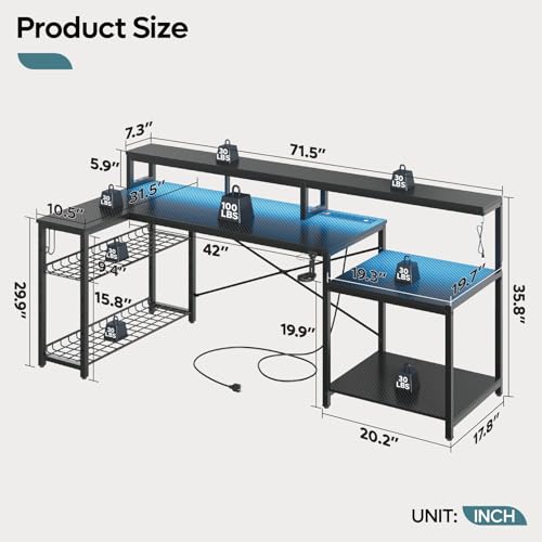 Bestier H100618KUS Gaming Desk With Power Outlets, 71.5 Led Computer Desk With Long Monitor Stand, Large L Shaped Corner Desk thumb #1