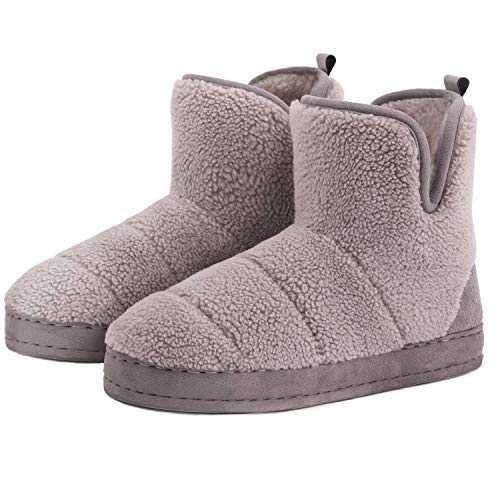 FamilyFairy Womens Warm Fleece Bootie Slippers Fuzzy Cozy Quilted Plush House Shoes with Indoor Outdoor Rubber Sole (Medium / 7-8, Gray)