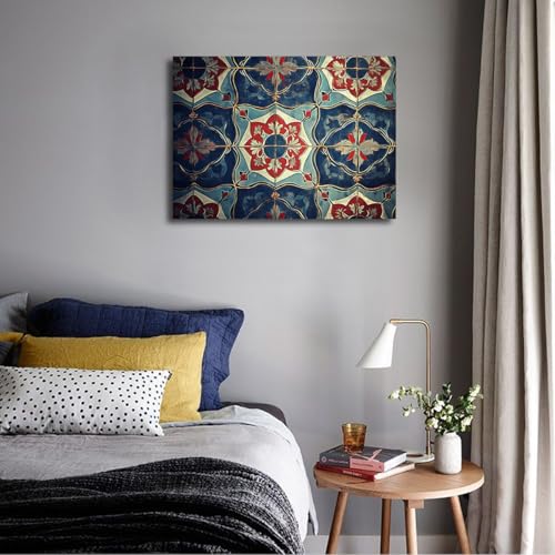 Tableau sur toile fleurs bleu ethnique et rouge d'exception 45x60cm - 3
