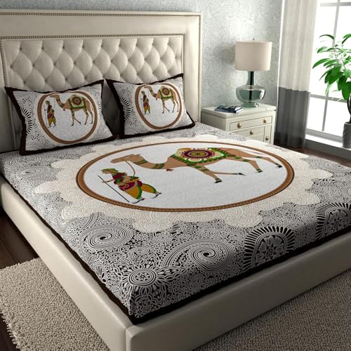 Image of LA VERNE 104 TC Cotton Double Bed Bedsheet Jaipuri Rajasthani Print Bedsheet with 2 Pillow Covers (Brown)