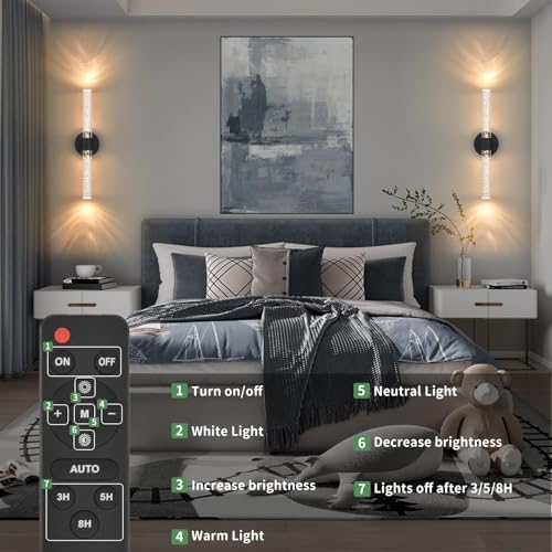 Image of Battery-Operated Wall Sconces Set of 2, Black 20'' Rechargeable Crystal Bubble Wall Sconce with Remote Control, 3000K-6000K Dimmable LED Wireless Wall Lights for Living Room Bedroom Hallway