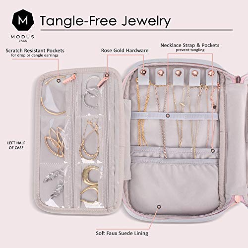 Modus Bags Travel Jewelry Organizer, Large Capacity Case For Tangle-Free Earrings, Necklaces, Rings Storage (Light Gray Vegan Leather, Rose Gold Hardware, Gift Box) #TOP1