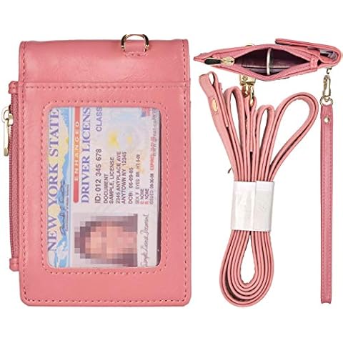 Beurlike Leather 2-Sided ID Badge Holder Wallet with 1 ID Window, 3 Card Slots with Cover, 1 Side Zipper Coin Pocket, 1 Piece 18.1" Neck Lanyard and 1 Piece 6" Hand Wristlet (Pink) Cover