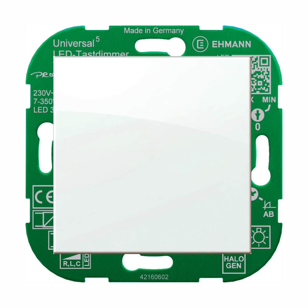 EHMANN LED-Universaldimmer, Unterputz-Tastdimmer, Dimmprinzip frei wählbar, Leistung: LED 3-140 W, 7-350 W/VA, inkl. Halterahmen und Wippe (RAL9010)