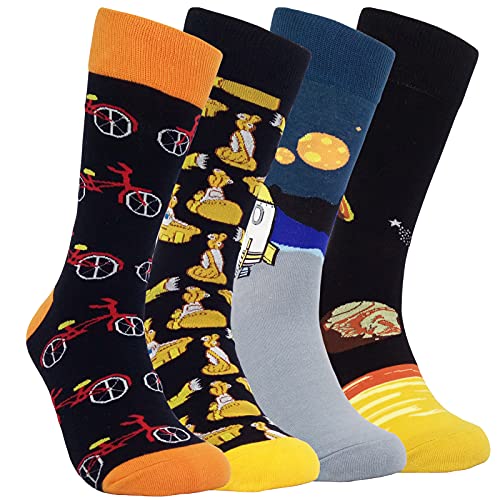 Mens Funny Colorful Dress Socks - HSELL Fun Novelty Patterned Bicycle & Mars Crazy Design Cotton Socks for Men Fancy Gifts (4 Pairs Bicycle & Mars)